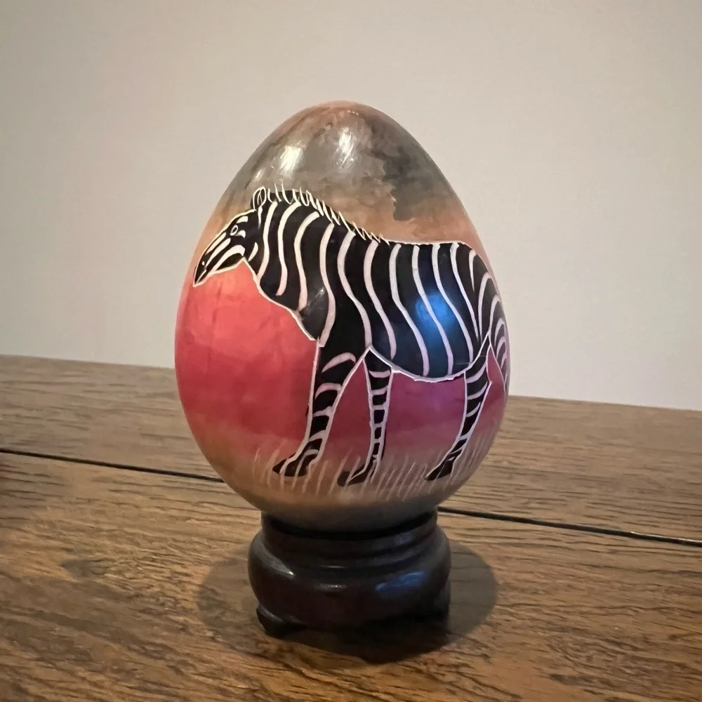 Hand Painted Soapstone Egg African Wildlife Mural Scene Zebra Trees